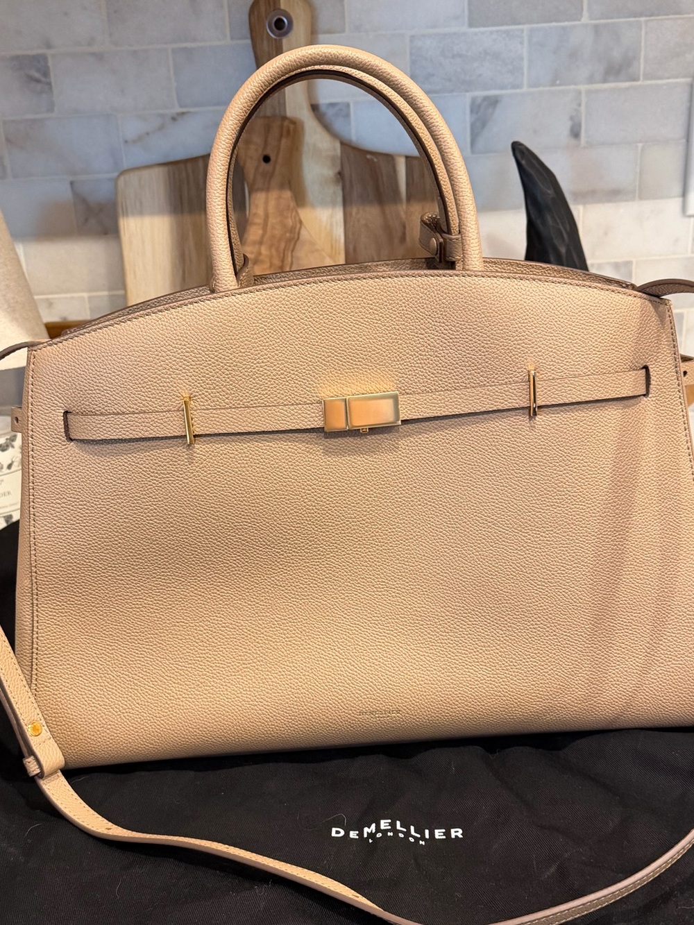 DeMellier Taupe/Beige Leather Large Hudson Satchel with Shoulder Strap